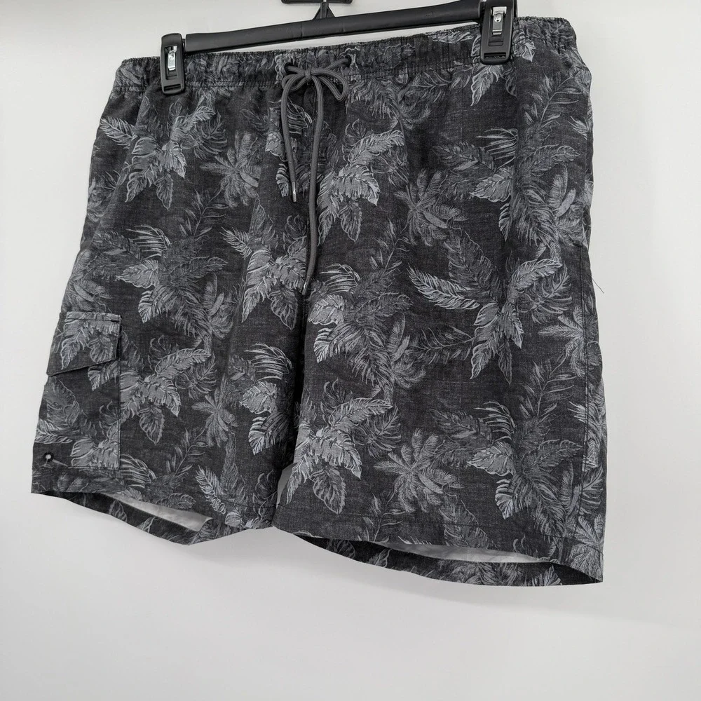 Tommy Bahama Mens XL Swim Trunks Grey Tropical Palm Print Cargo Board Shorts